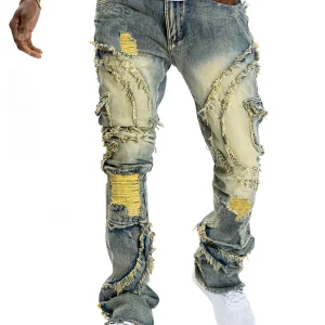European and American men's ripped stretch jeans with fringe - the best choice for fashion wear