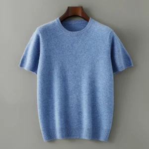 Spring and summer new 100% pure cashmere knitted T-shirt men's round neck short sleeved pullover loose cashmere solid color top