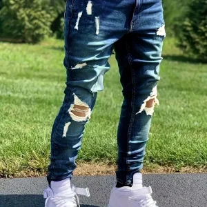 Men'S Distressed Fashion Jeans - Street Style, Comfortable Stretch Denim with Ripped Detail, Versatile for All Seasons, Everyday